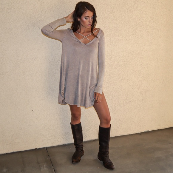 Lavender Gray Long Sleeve Criss Cross Mini Dress - Picture 3 of 7